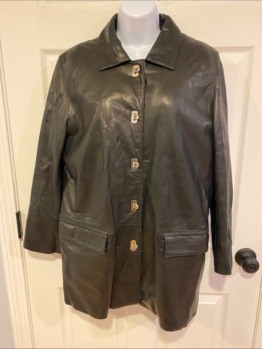 Nicole Miller Black Leather Button-Front Coat with Gold Hardware